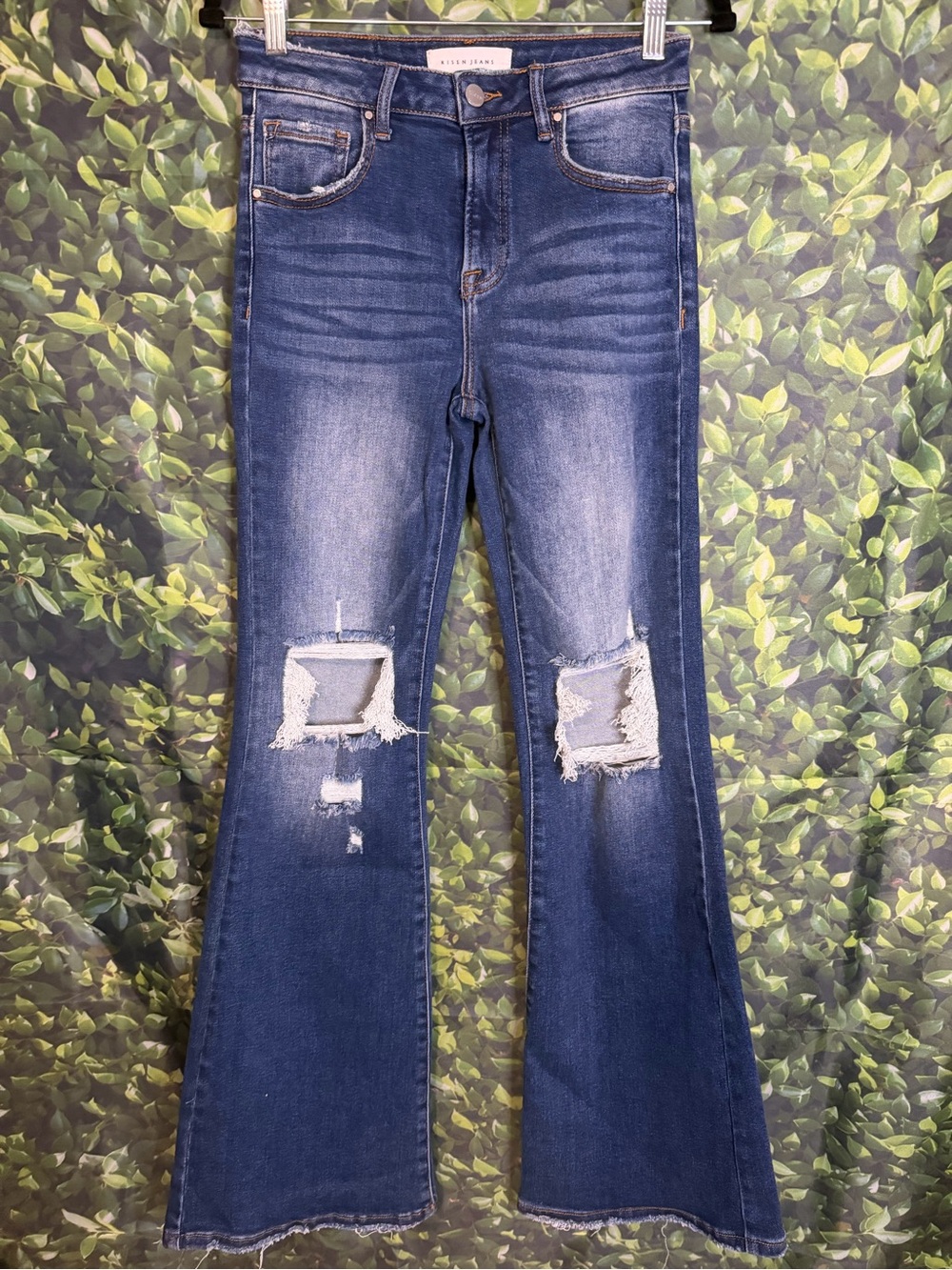 High-Rise Distressed Flare Jeans - Dark Blue